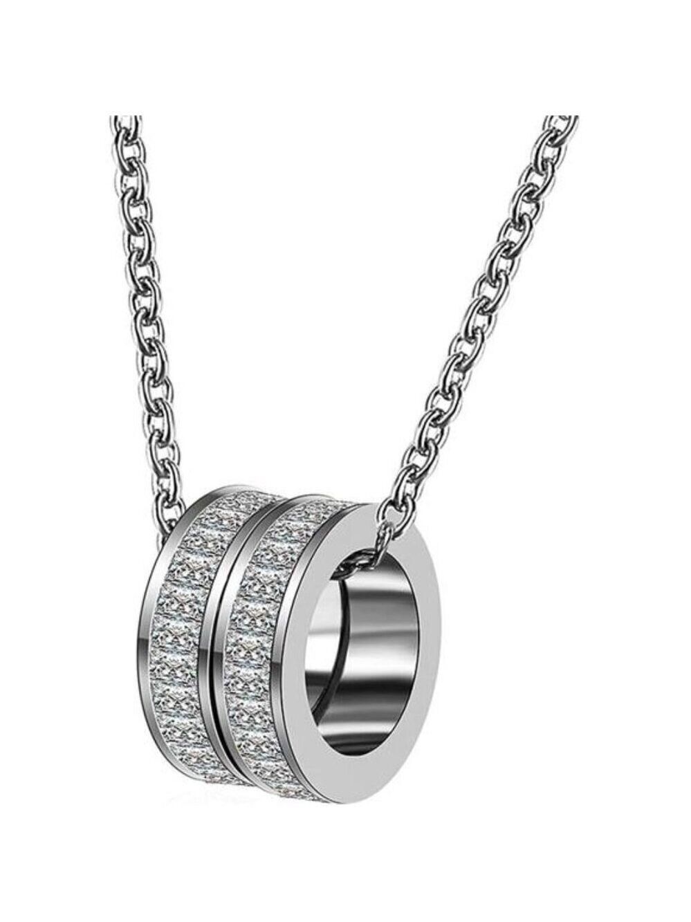 Stainless Steel 2 Eternity Rings Charm Statement Wedding Party Pendant Necklace